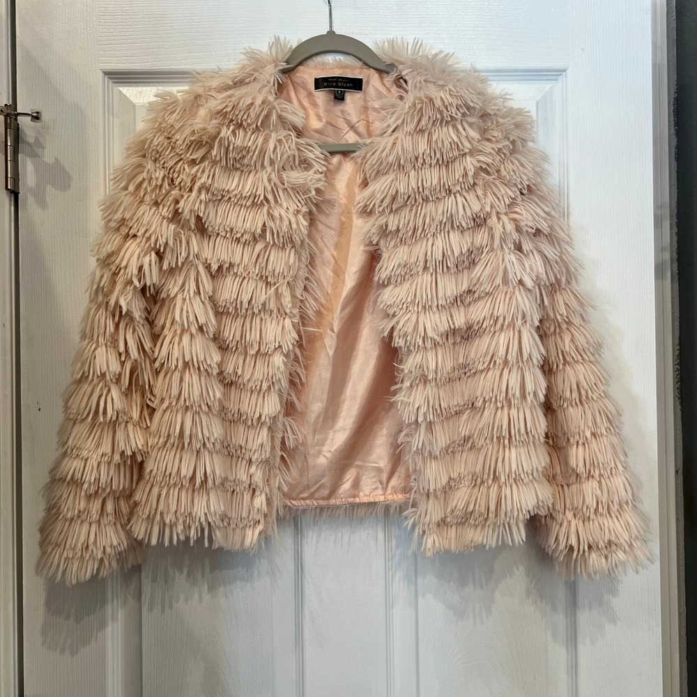 Blue Blush Shaggy Fringe Jacket Polyester Faux Fur Glam Blush Pink Barbiecore S